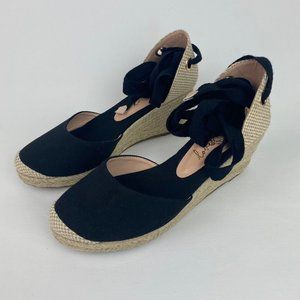 Women's Espadrille Black & Cream Wedge Rope Strappy Round Toe Sz. 8 Wrap Ankle